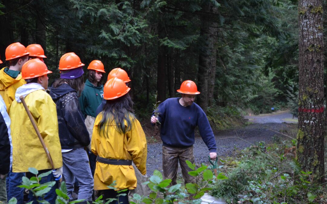 Group of people with orange hard hats on tour of forest