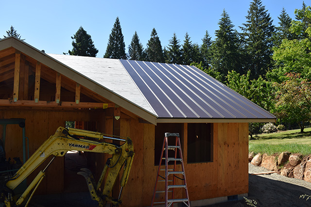 Metal roof partially installed