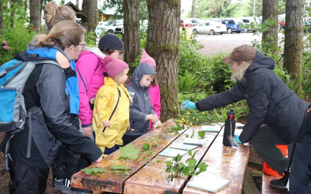 students and adults learning tree and platn identification on a picnic table at Hopkins Demonstration Forest - part of our youth education initiatives